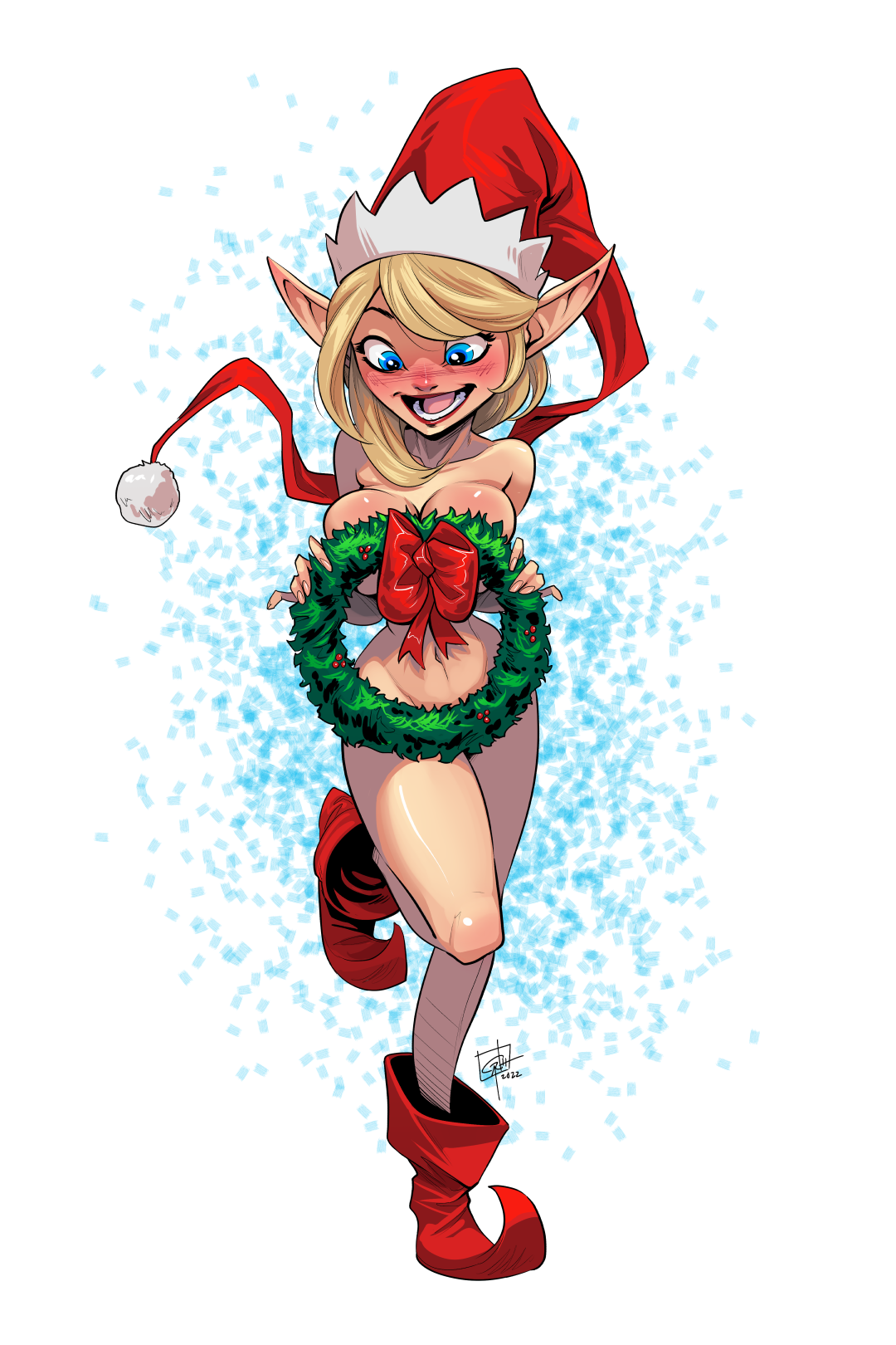 sexy girl elf holds a christmas wreath